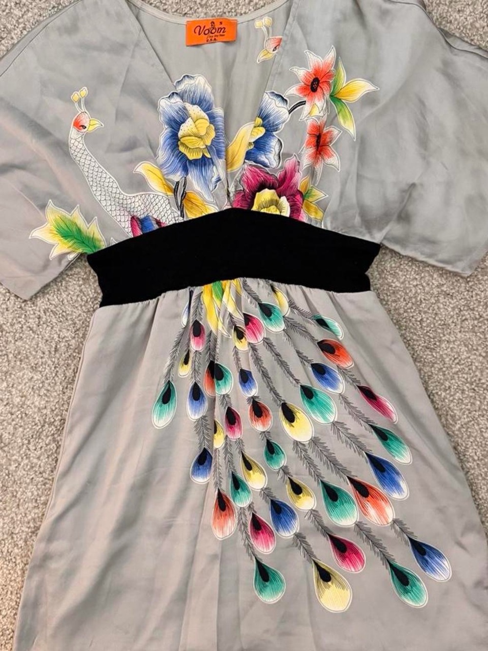 Voom by Joy Han Gray Dress with Multicolor Peacock Embroidery